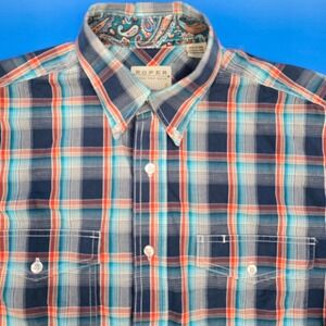 Roper Mens Plaid Long Sleeve Button Down Shirt Turquoise Orange Navy Blue M